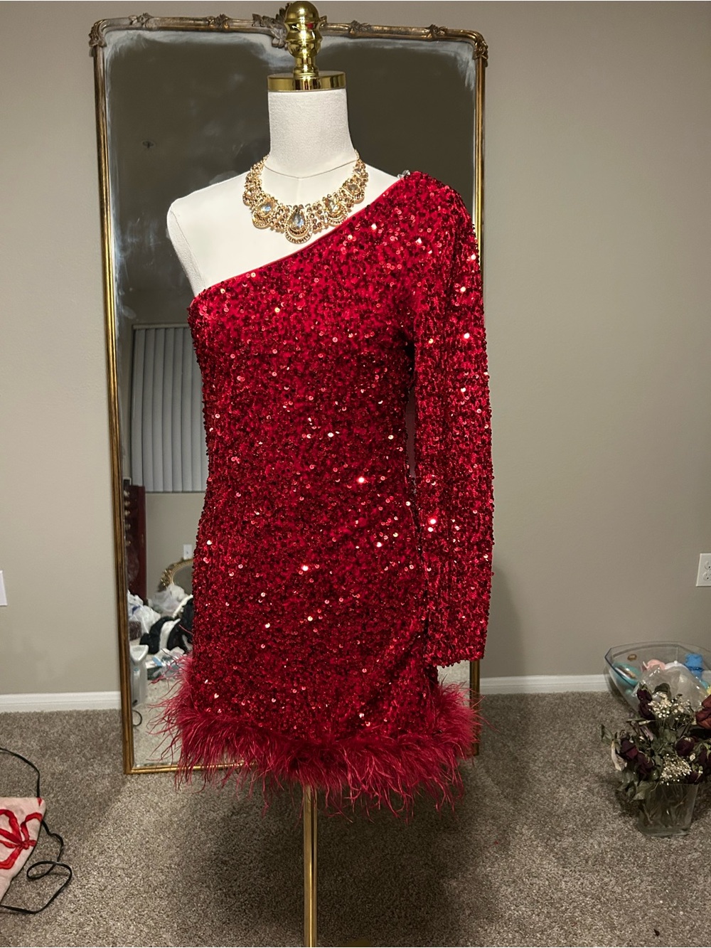 Fashion Nova Red Sequin Feather Mini Dress
